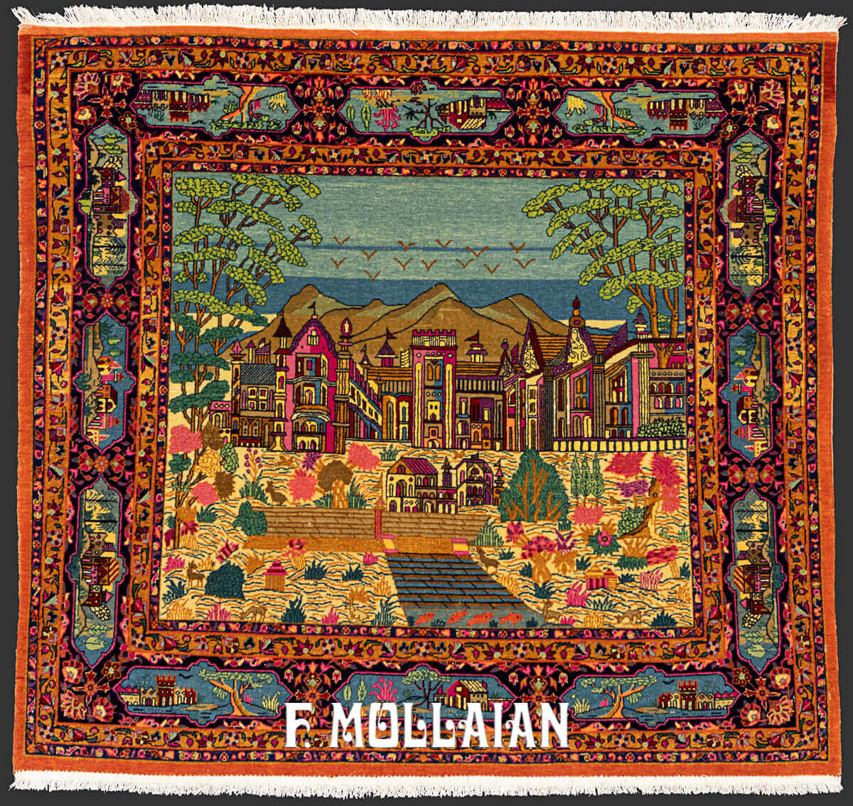 Square Antique Pictorial Persian Kashan Dabir Rug (122x113 cm)